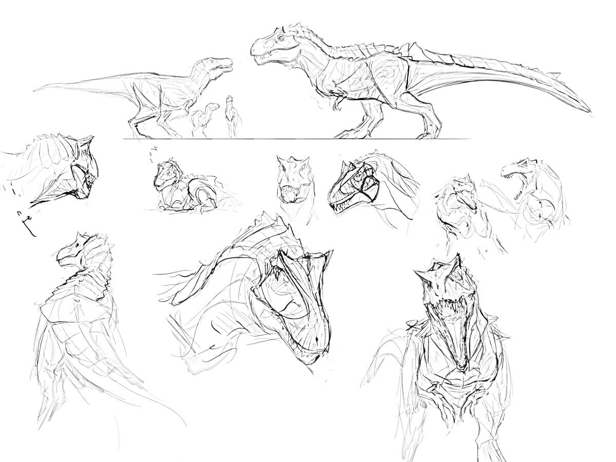 Раскраска Рисунки динозавров с различными позами и деталями, включая сцены с человеком