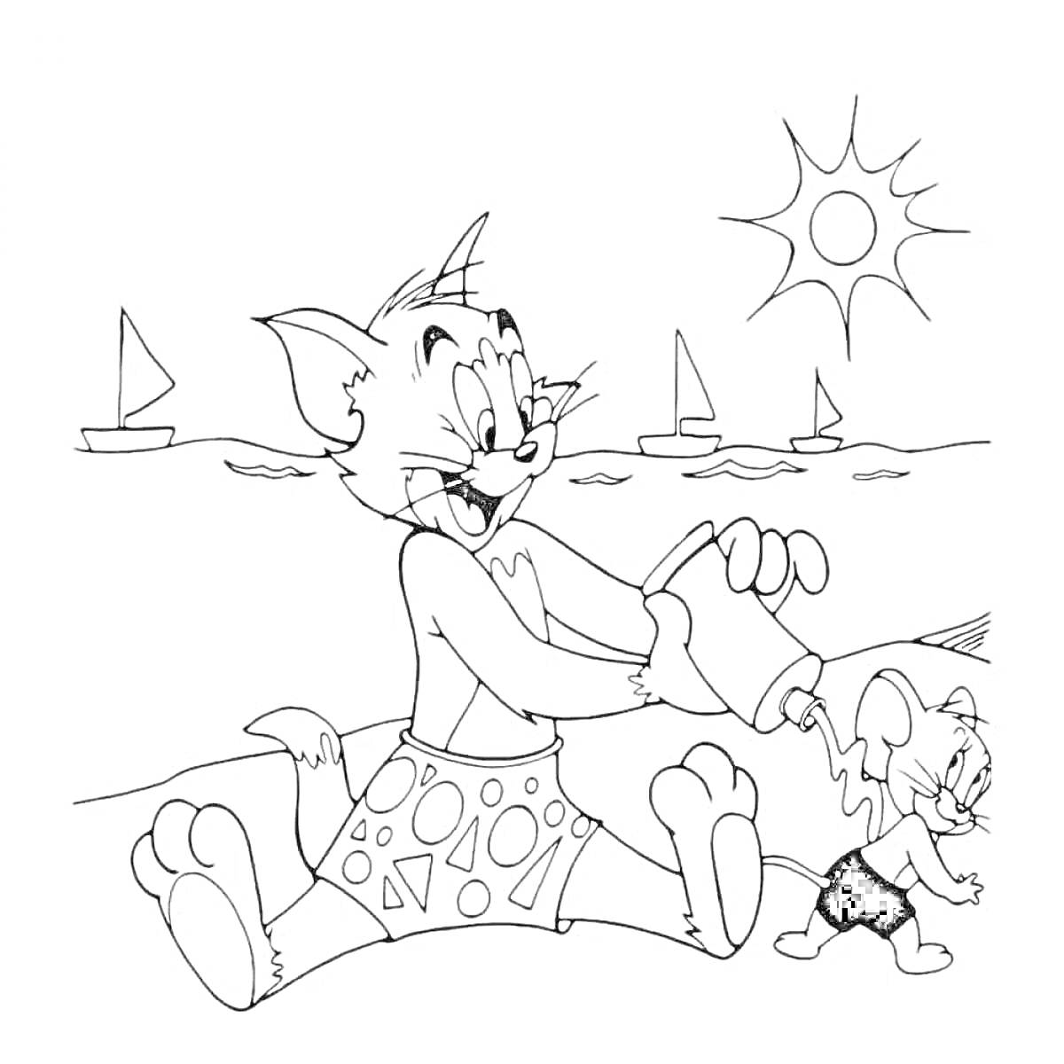 На раскраске изображено: Том и Джерри, Пляж, Море, Солнце, Дружба