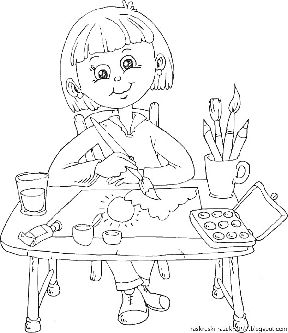 Раскраска Девочка рисует за столом с художественными принадлежностями