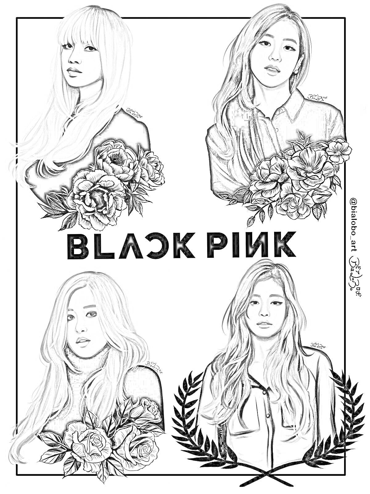 РаскраскаЧетыре девушки из BlackPink на фоне цветов и узоров (Rose внизу слева, остальные девушки непонятные)