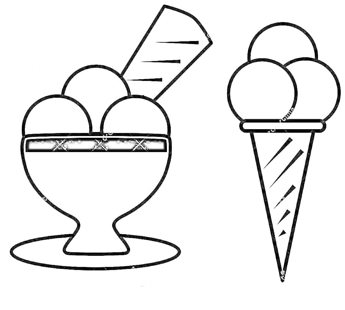 Раскраска мороженое в креманке с палочкой и рожок с тремя шариками