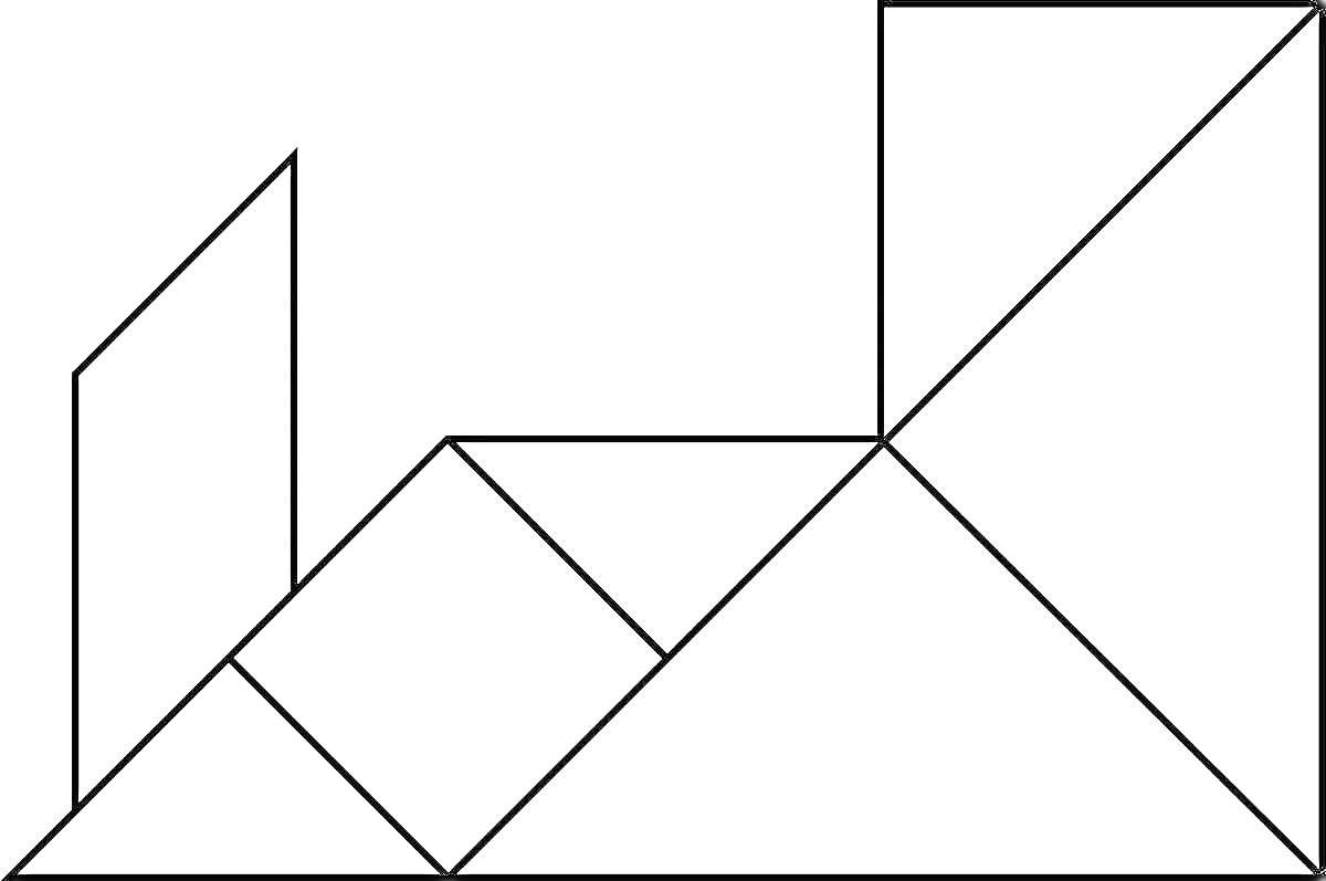 Танграм в форме кота с хвостом вверх, с квадратом, треугольниками и параллелограммом