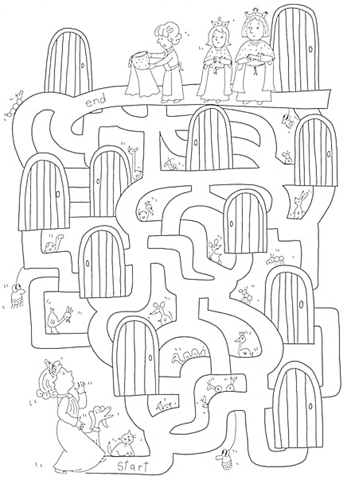 На раскраске изображено: Лабиринт, Принцесса, Король, Королева, Старт, Корона, Для детей, Мышь, Дверь