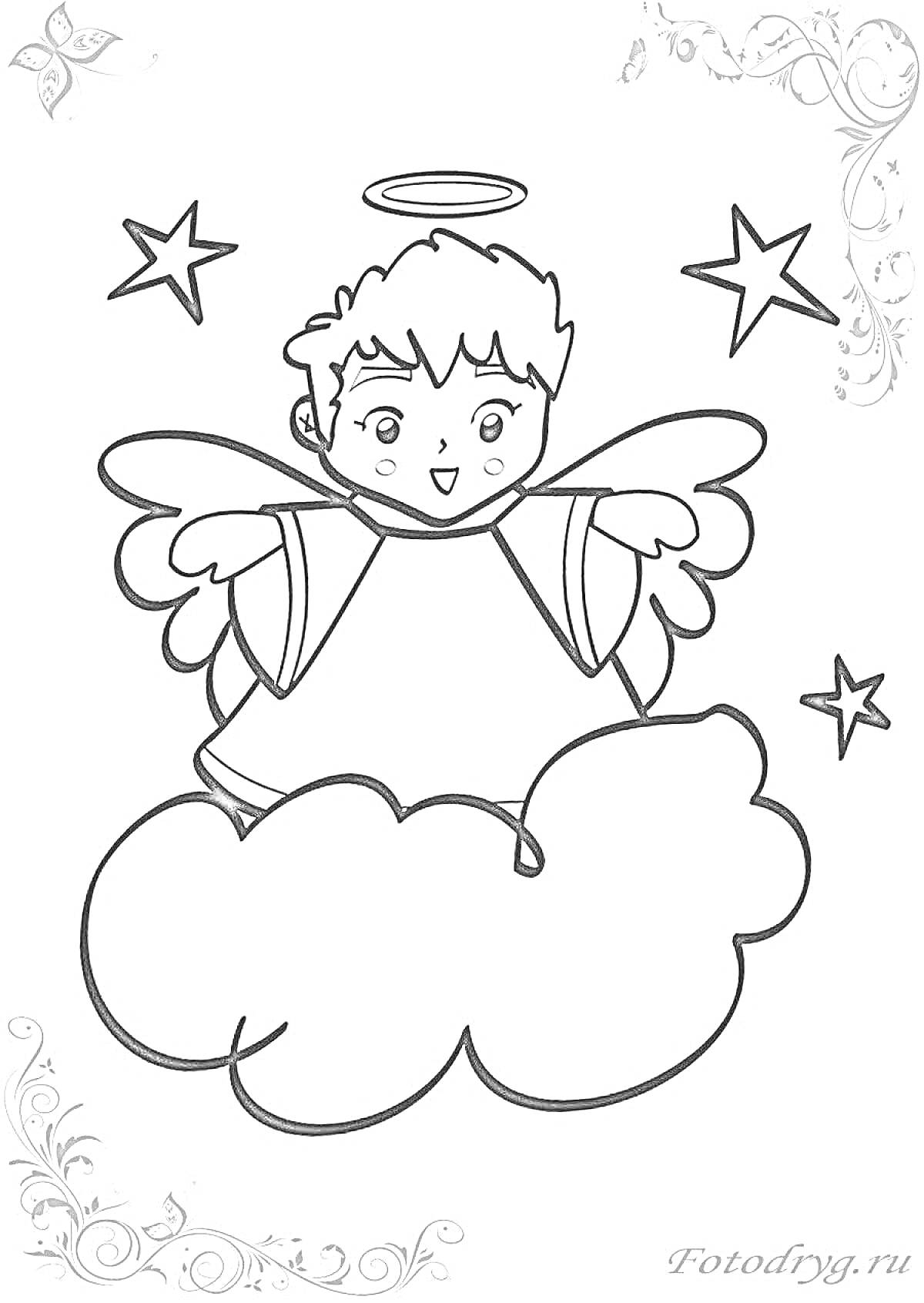 Раскраска Ангел с крыльями на облаке с тремя звездами и завитками в углах