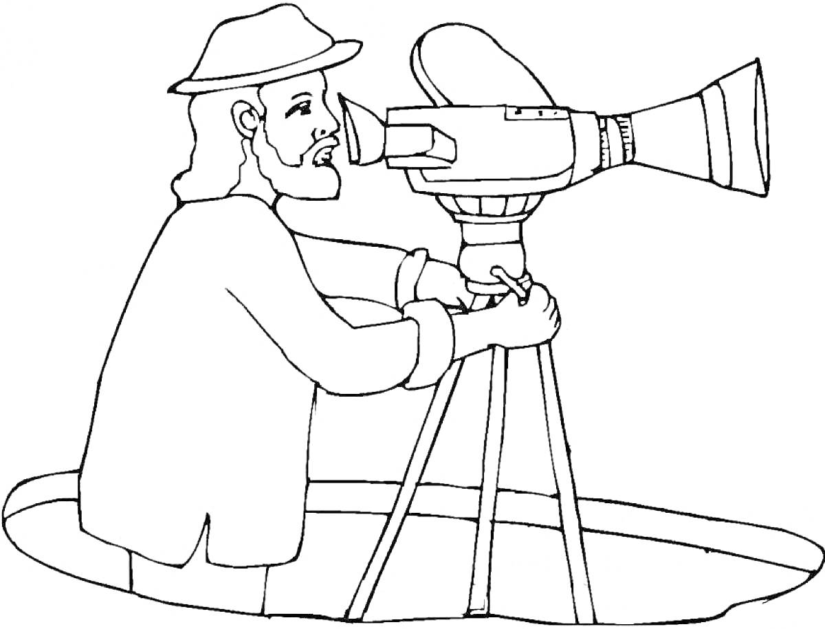 Раскраска Оператор с камерой на штативе, шляпа, борода
