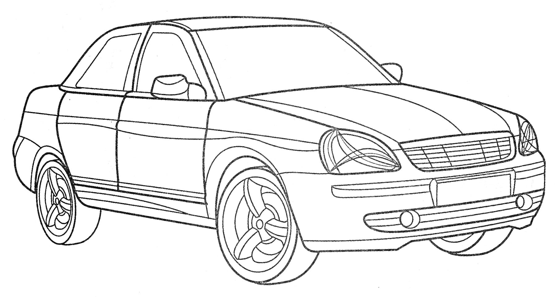 Раскраска Лада седан на белом фоне, контурный рисунок автомобиля с передними и задними фарами, капотом, дверьми, оконными стеклами, зеркалами и колесами.