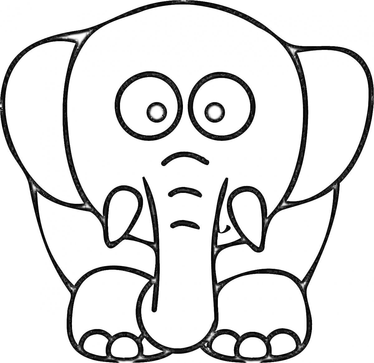 На раскраске изображено: Животные, Хобот, Большие глаза, Лапы, Для детей, Слон