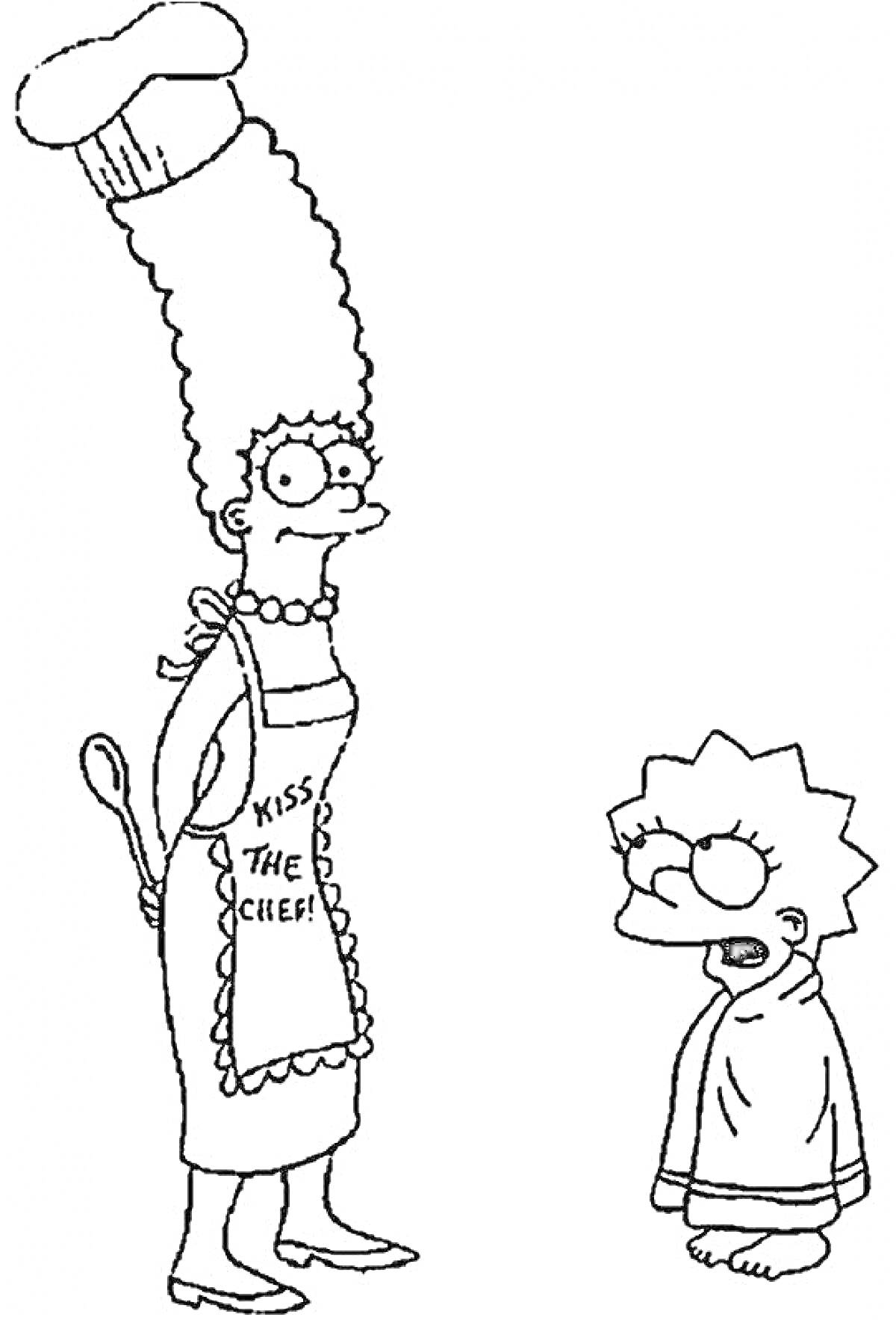 Раскраска Мардж с поварешкой и Лиза