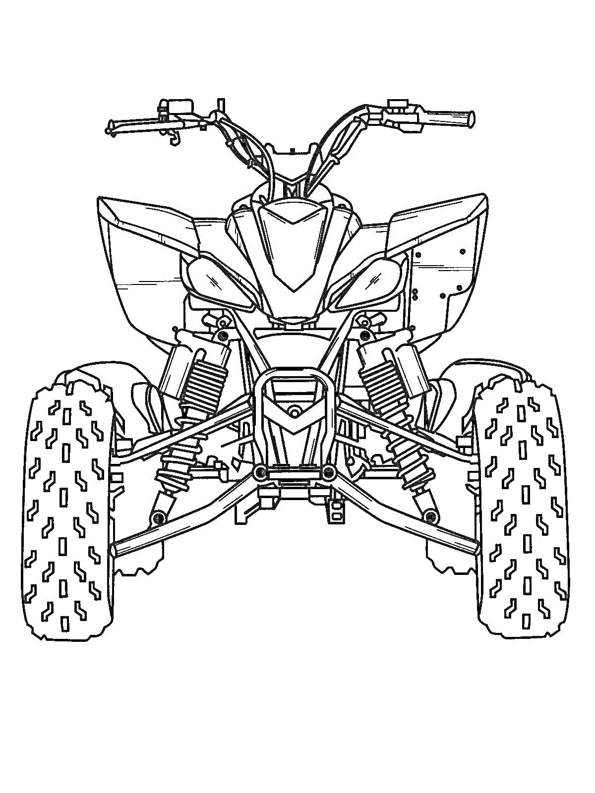 Раскраска Квадроцикл с деталями подвески и руля, передний вид