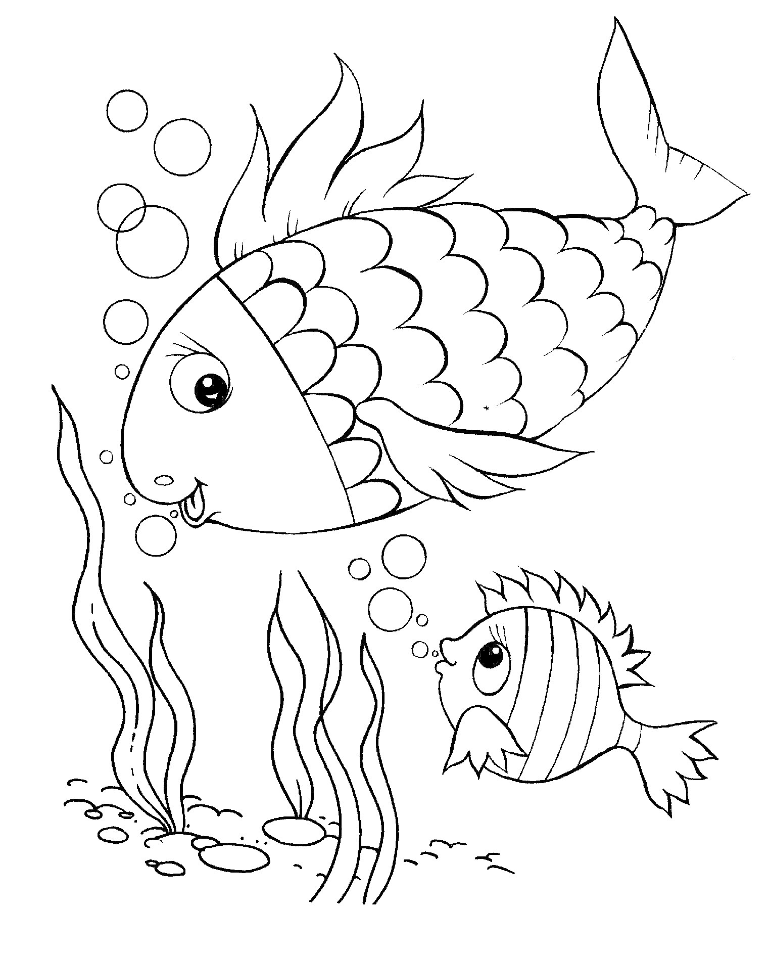 Раскраска Две рыбки в воде с пузырьками и водорослями