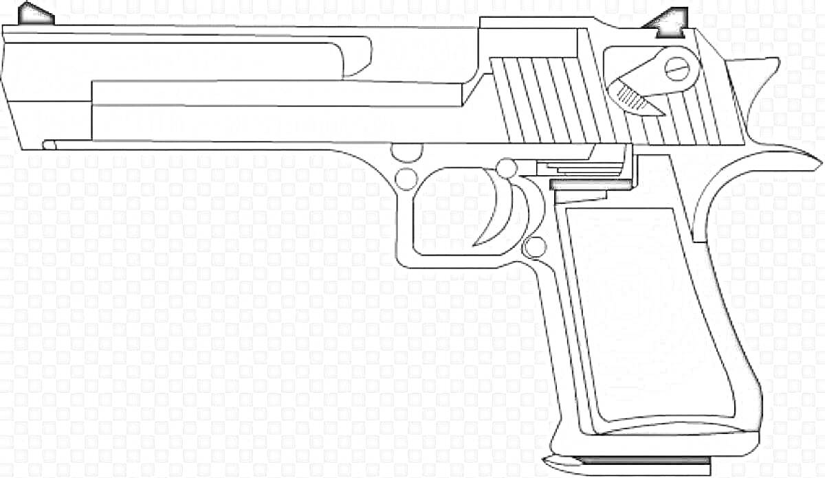 На раскраске изображено: Пистолет, Оружие, Затвор, Спусковой крючок, Рукоятка