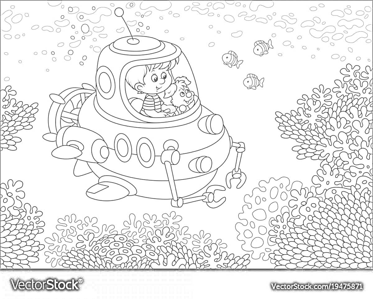 Раскраска Батискаф с мальчиком и собакой в подводном мире с рыбками и кораллами