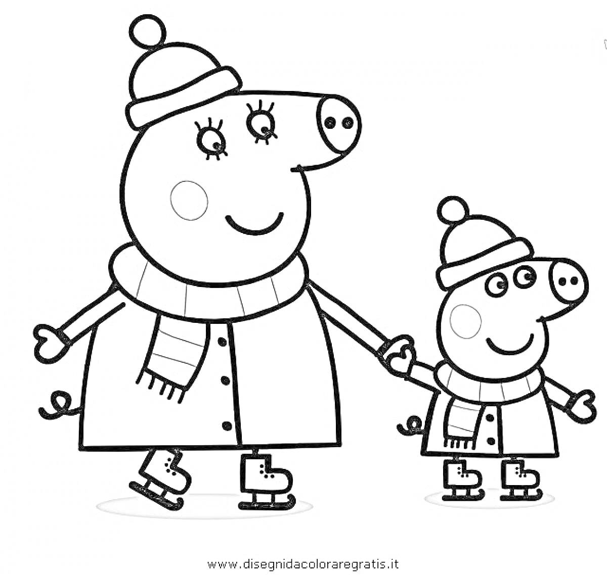 Раскраска Свинка Пеппа и ее мама на льду в зимней одежде