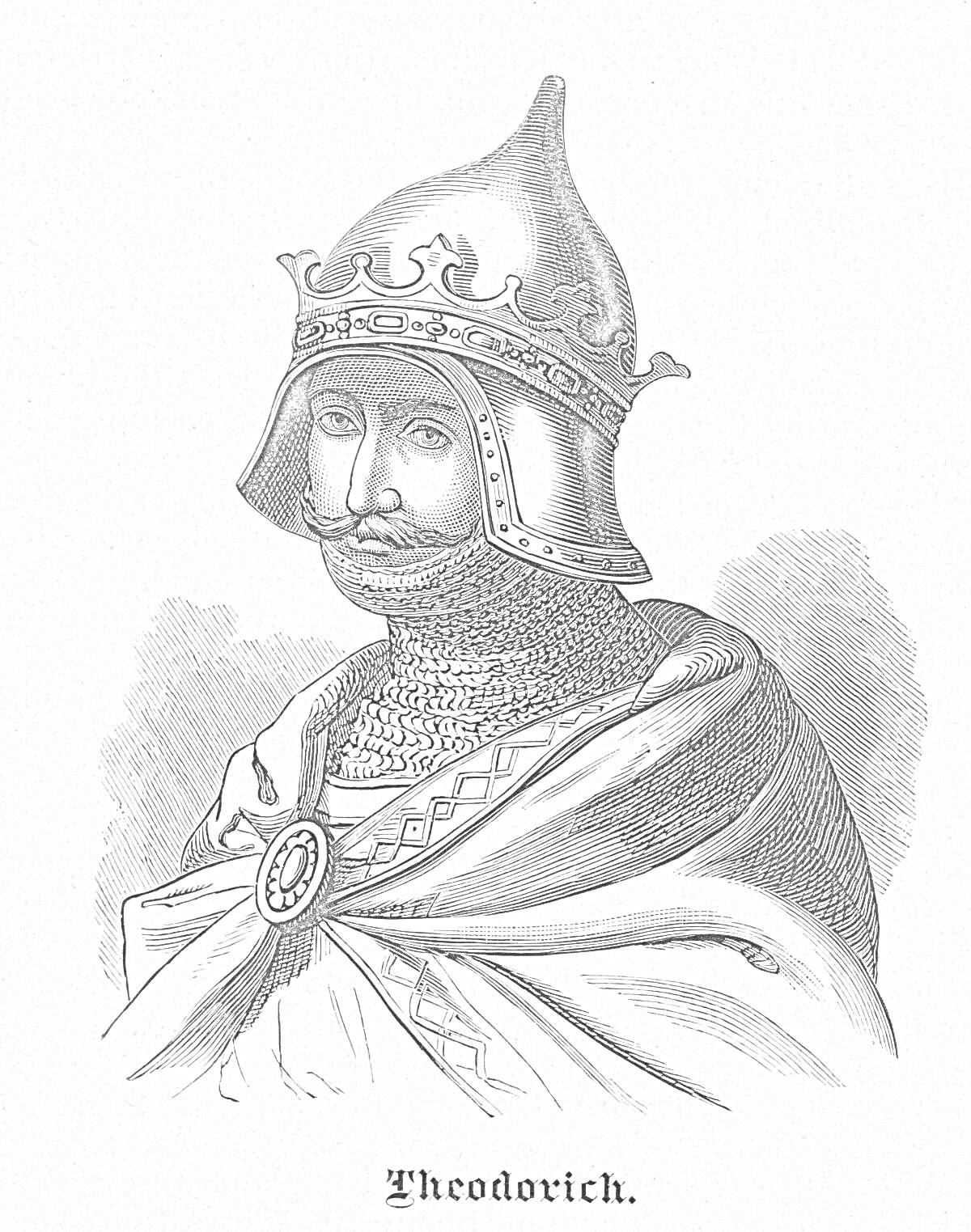 На раскраске изображено: Рюрик, Историческая фигура, Доспехи, Корона, Накидка, Брошь, Средневековье