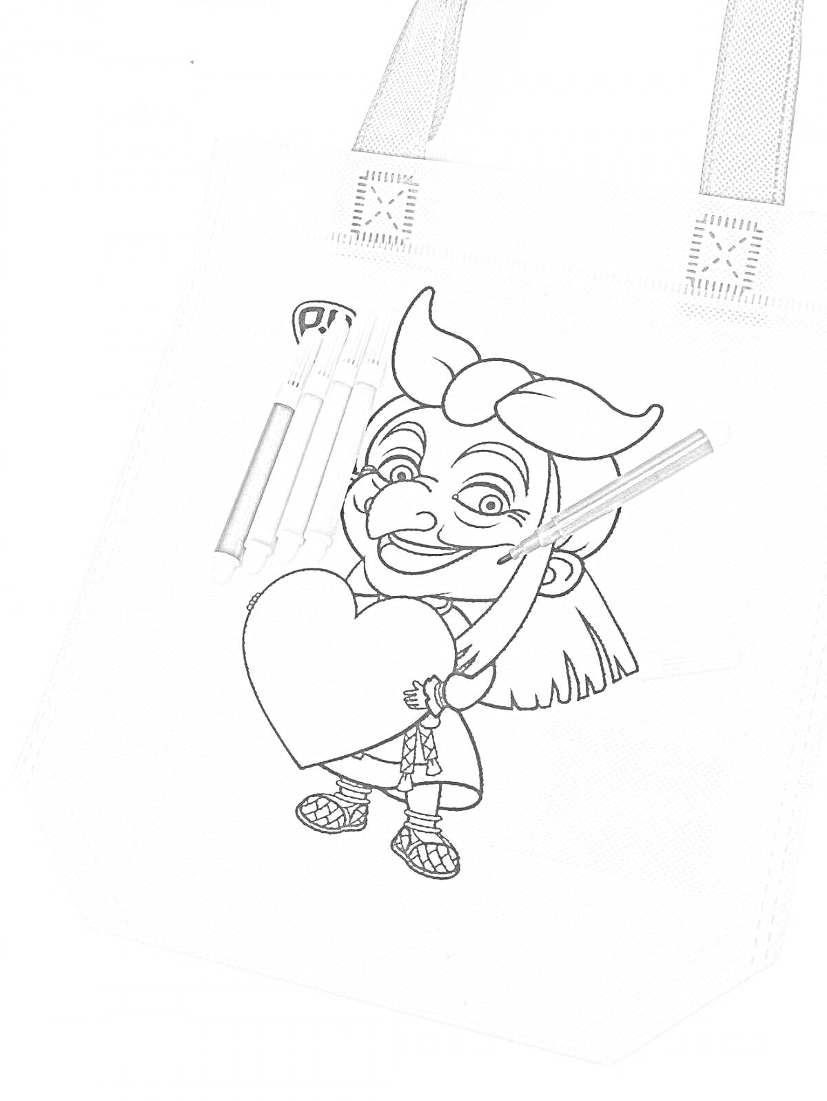 Раскраска Девочка с сердцем, карандаши