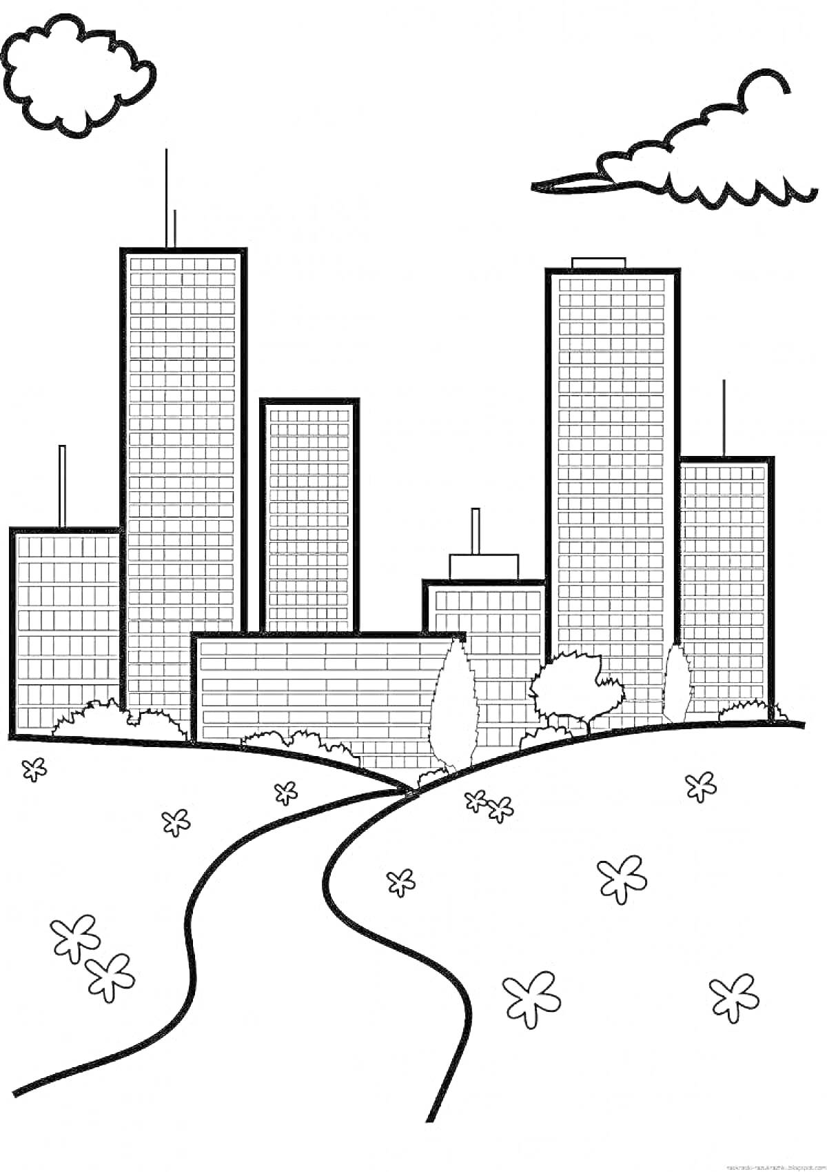 На раскраске изображено: Небоскребы, Облака, Деревья, Цветы, Пейзаж, Будущее, Современность