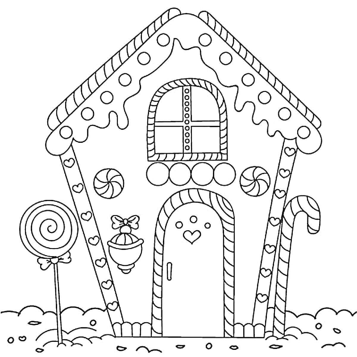 Раскраска Пряничный домик с леденцами, конфетами и тросточкой