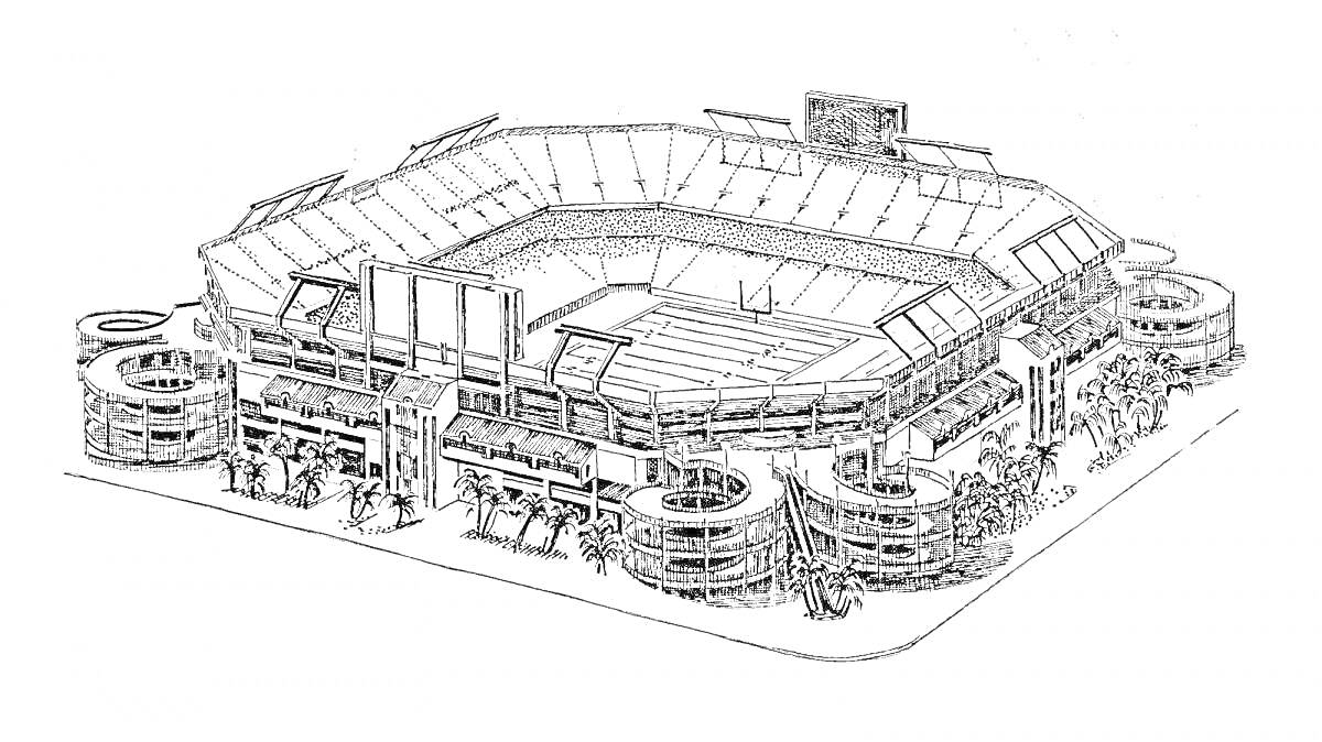 На раскраске изображено: Стадион, Трибуны, Табло, Парковка, Архитектура