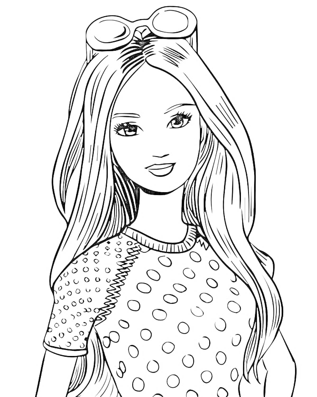 Раскраска Девушка с длинными волосами в платье в горошек и солнечными очками на голове