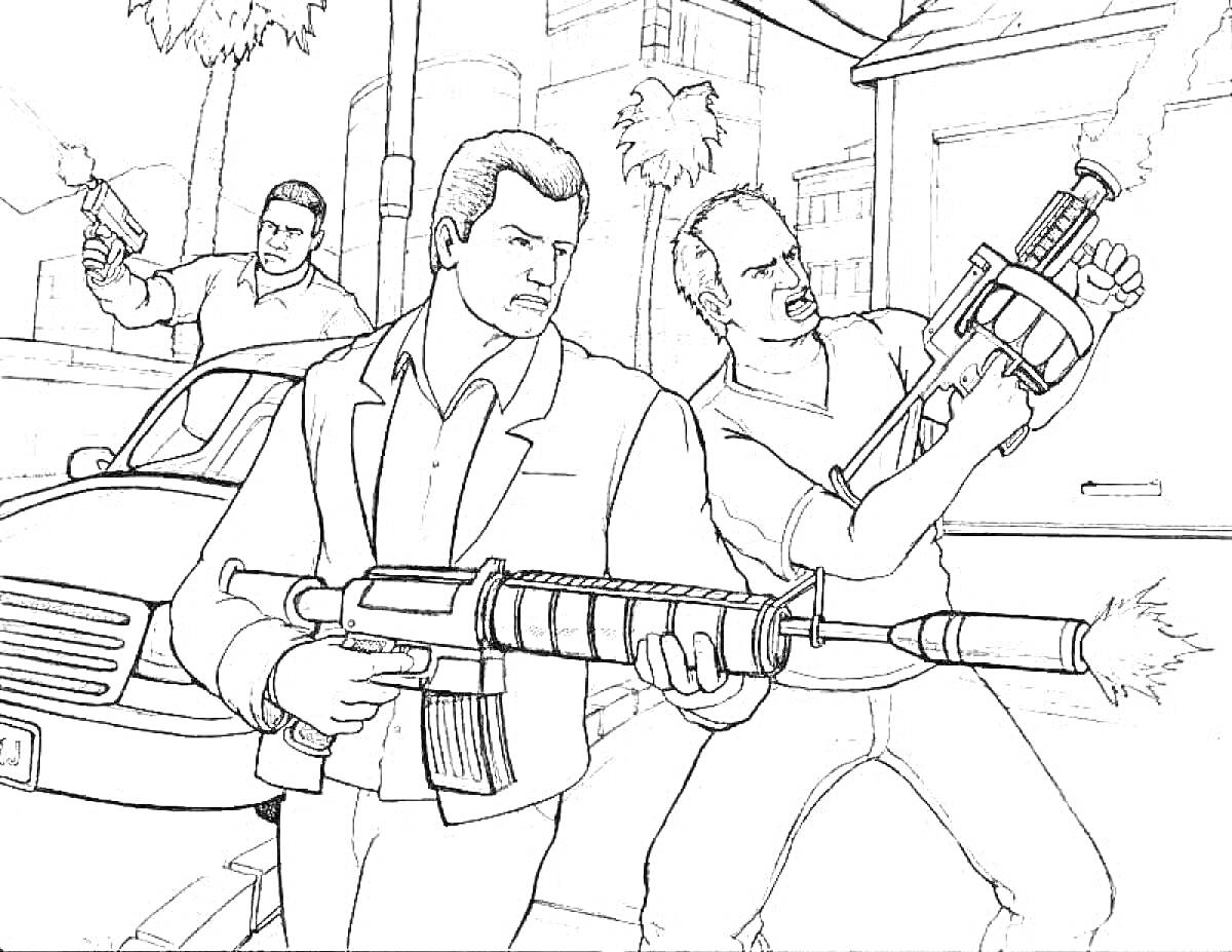 Раскраска Трое мужчин с оружием перед автомобилем в городской обстановке