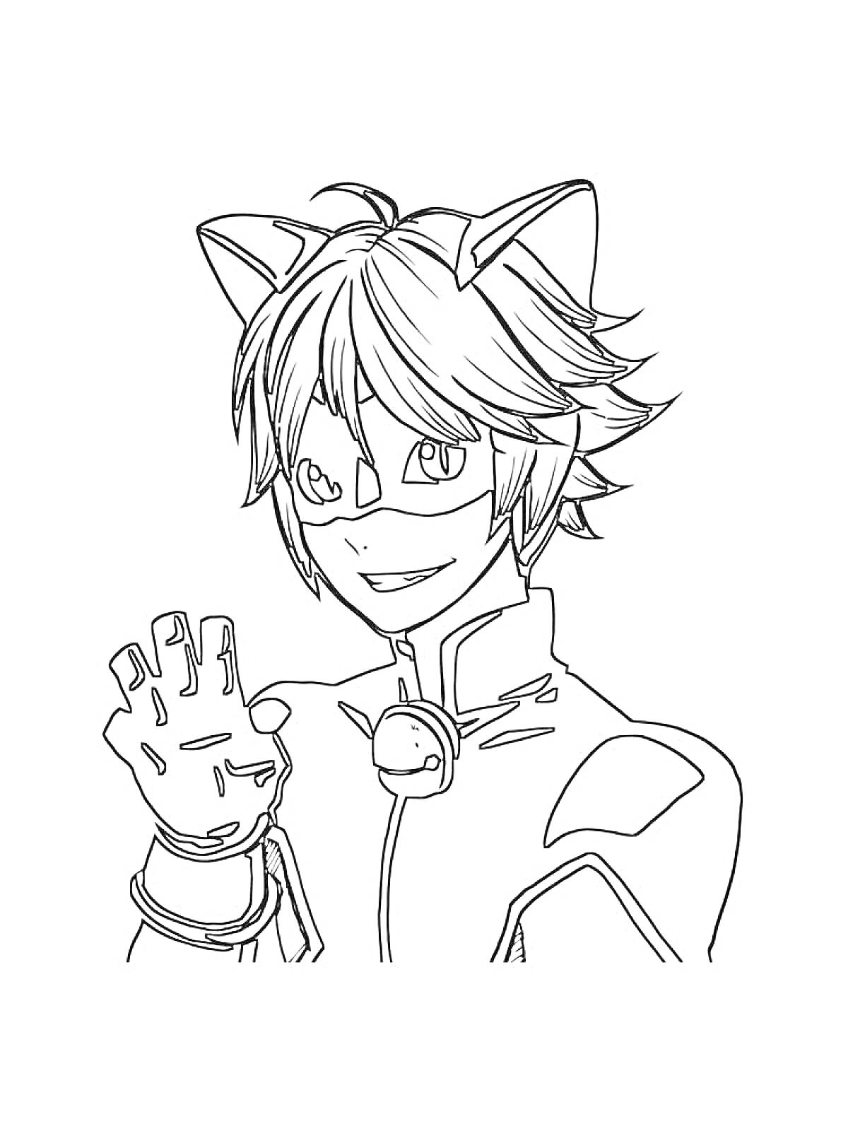 На раскраске изображено: Супер Кот, Кошачьи уши, Маска, Когти, Уши