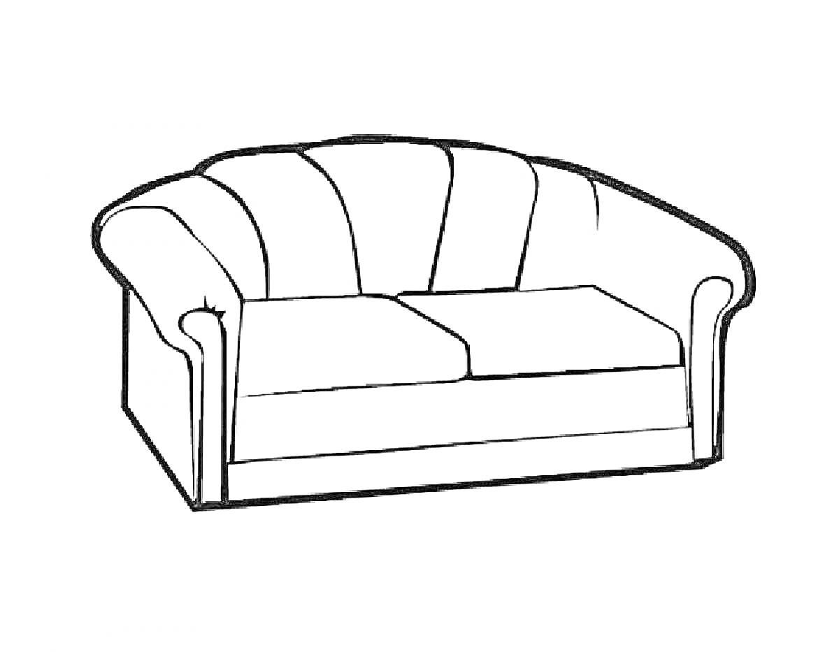 Раскраска с рисунком дивана с двумя подушками и подлокотниками
