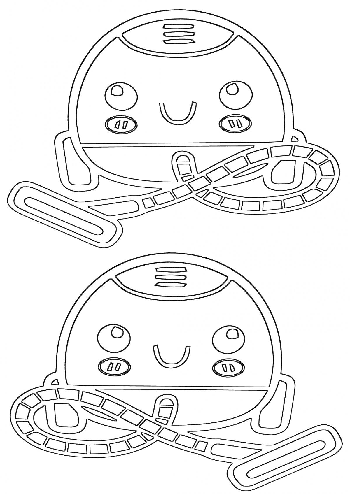 Раскраска Два робота-пылесоса с улыбающимися лицами и шнурами