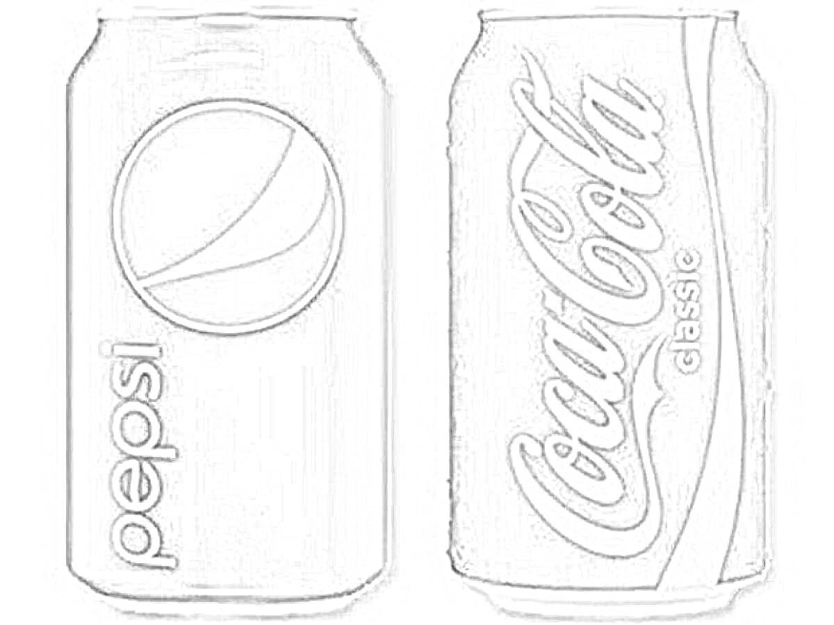 Раскраска Банки Pepsi и Coca-Cola Classic в черно-белых цветах