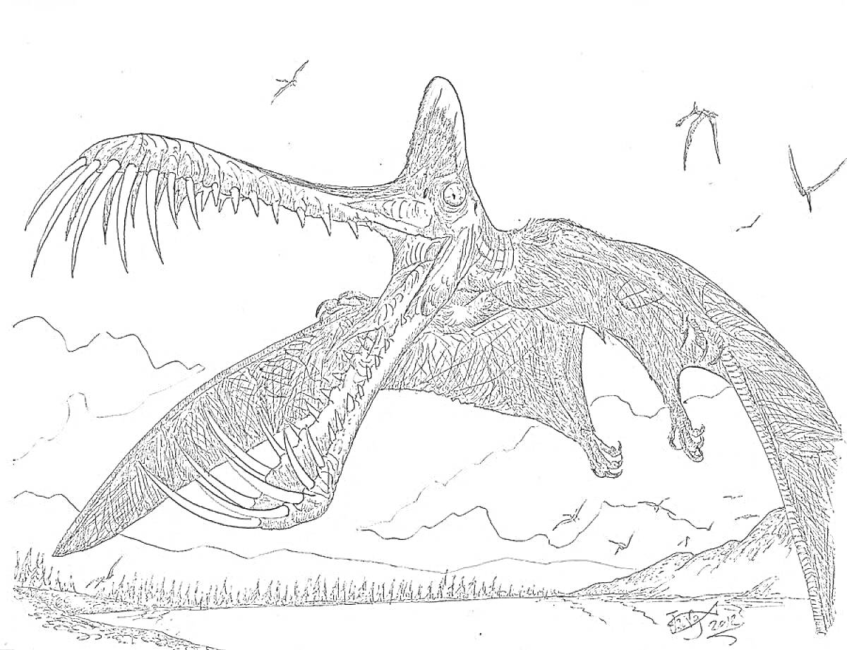 Раскраска Летающий динозавр с широким раскрытым ртом, хищный, на фоне горизонта и летящих птиц, холмы и облака