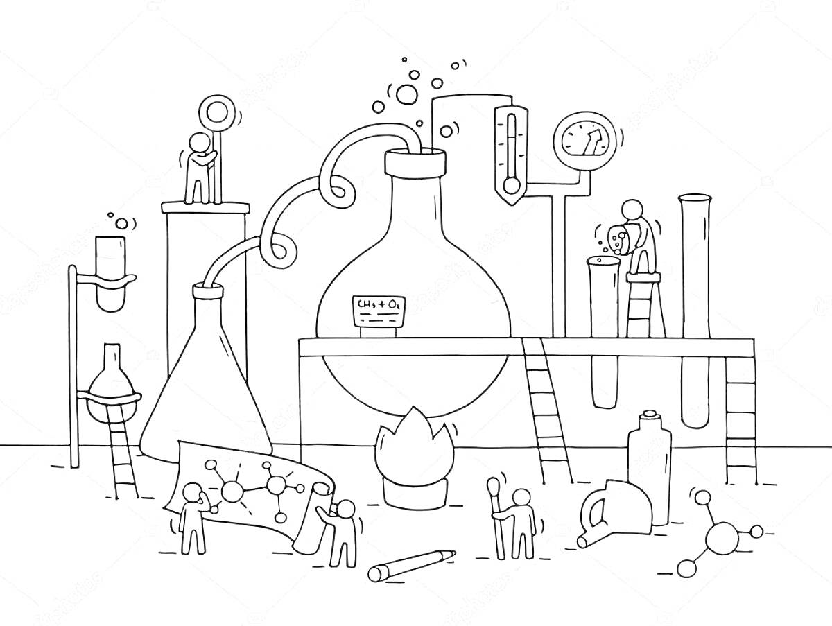 Раскраска Лаборатория (колбы, пробирки, ученые, пламя, лестница, схемы, реактивы)