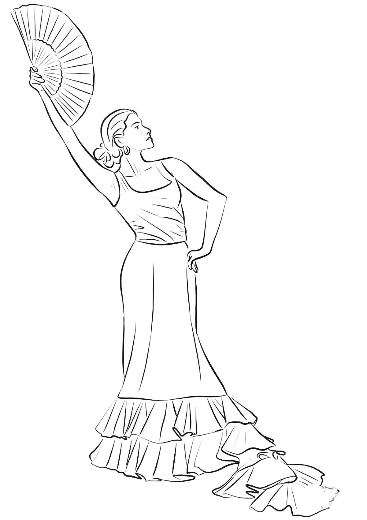 Раскраска Испанская танцовщица с веером и традиционной обувью