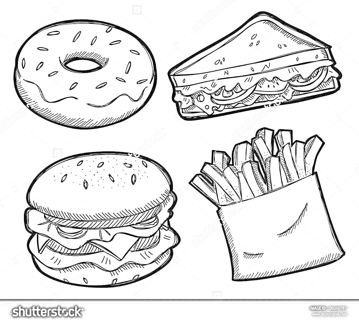 На раскраске изображено: Пончик, Сэндвич, Бургер, Картофель фри, Еда