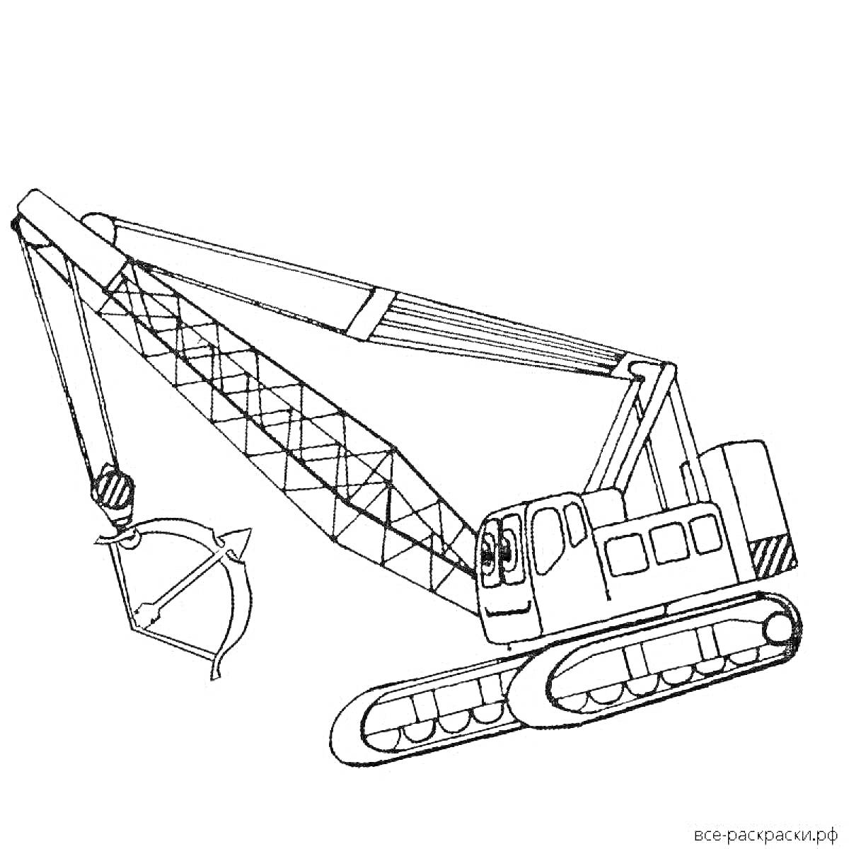 На раскраске изображено: Башенный кран, Гусеницы, Строительство, Спецтехника