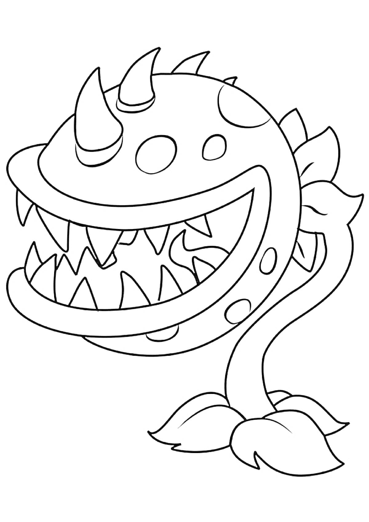 Раскраска Хищное растение с шипами и острыми зубами