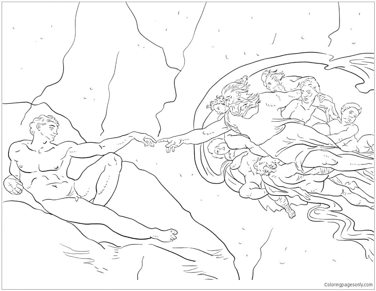 Раскраска Сотворение Адама с Адамом, Богом и ангелами