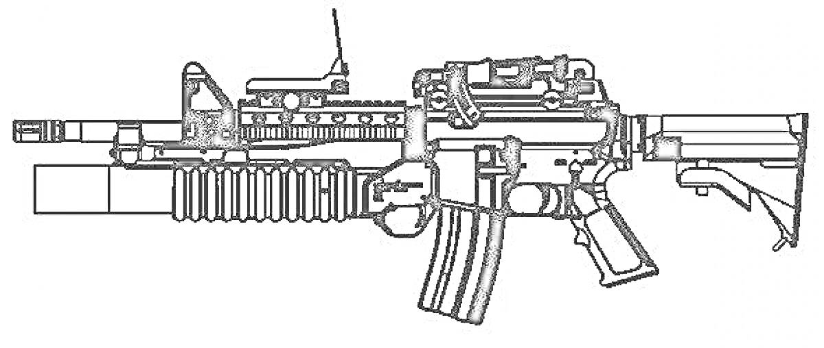 На раскраске изображено: Гранатомет, Винтовка, Подствольный гранатомет, Магазин, Оружие, Военное оборудование, Оптический прицел, Приклад, Пистолетная рукоятка