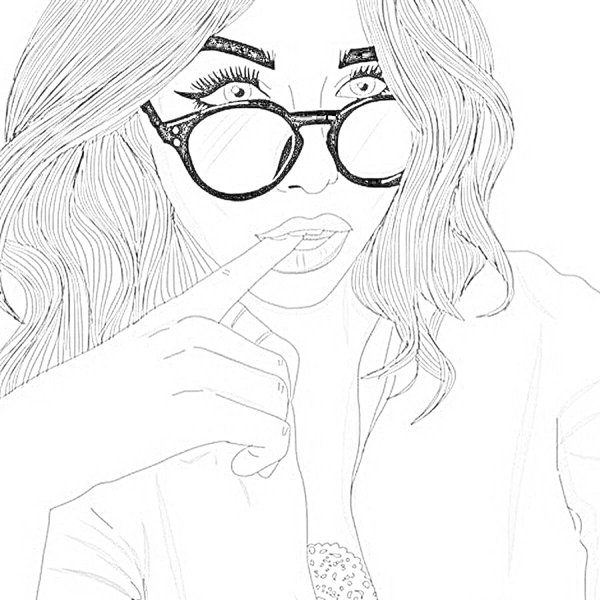 Раскраска Девушка в очках с распущенными волосами, прикусывающая палец
