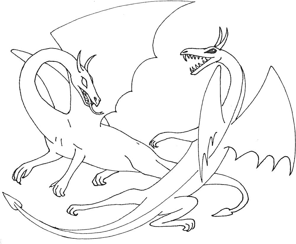Раскраска Два дерущихся дракона с крыльями и хвостами