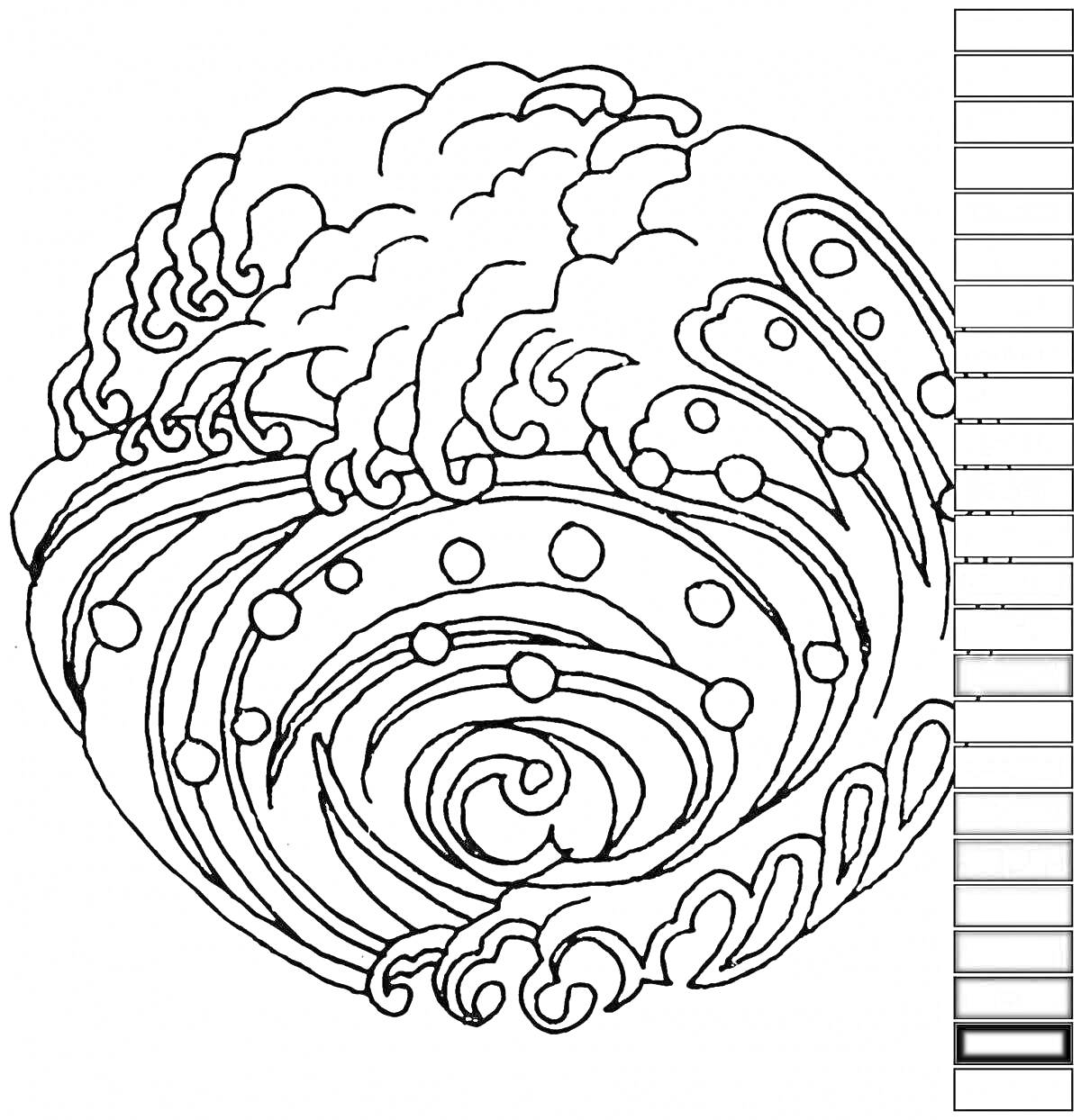 Раскраска мандала с облаками, волнами, кругами и завитками