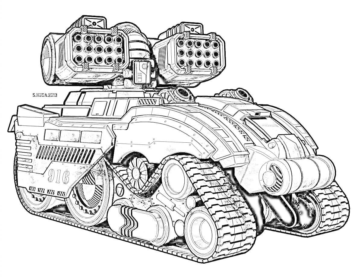 Раскраска Танк будущего с гусеничным ходом и ракетными установками