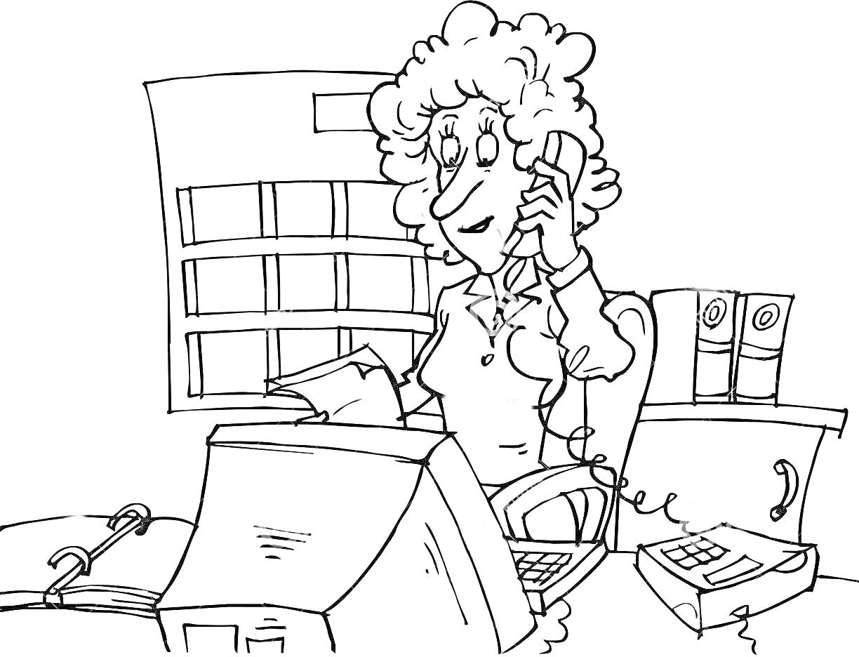 Раскраска Бухгалтер на рабочем месте с телефоном, компьютером, документами и калькулятором