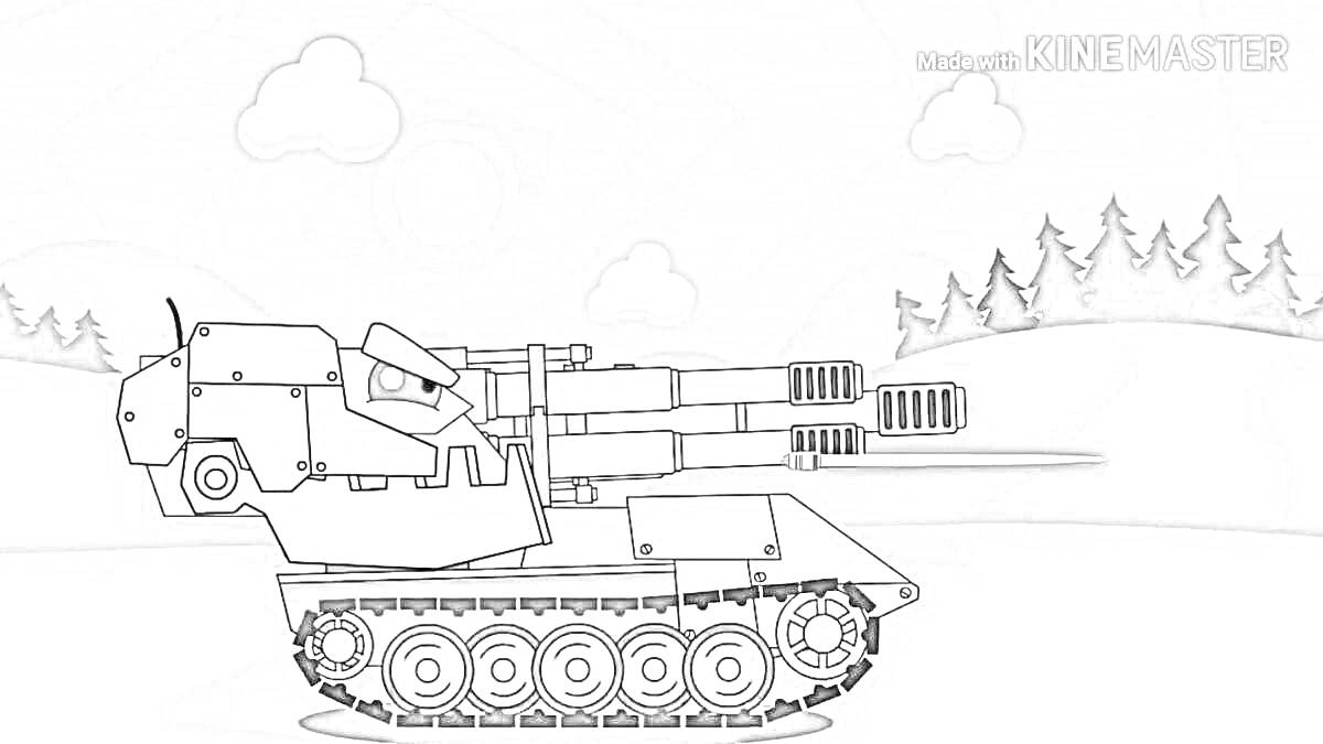 Раскраска Танковая установка на гусеничном ходу на фоне леса и неба с облаками