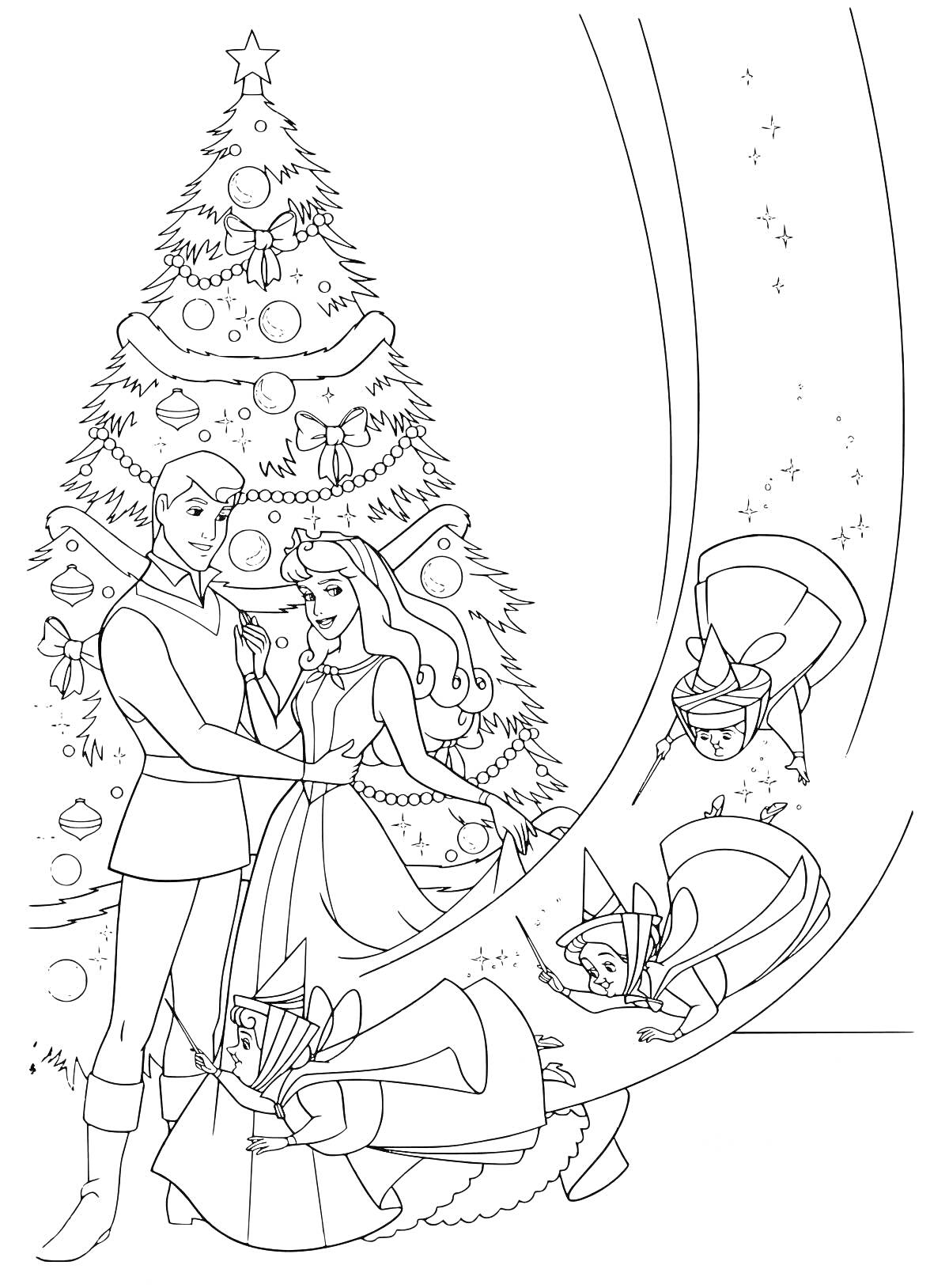 На раскраске изображено: Барби, Кен, Новогодняя елка, Игрушки, Феи, Новый год, Рождество, Украшения