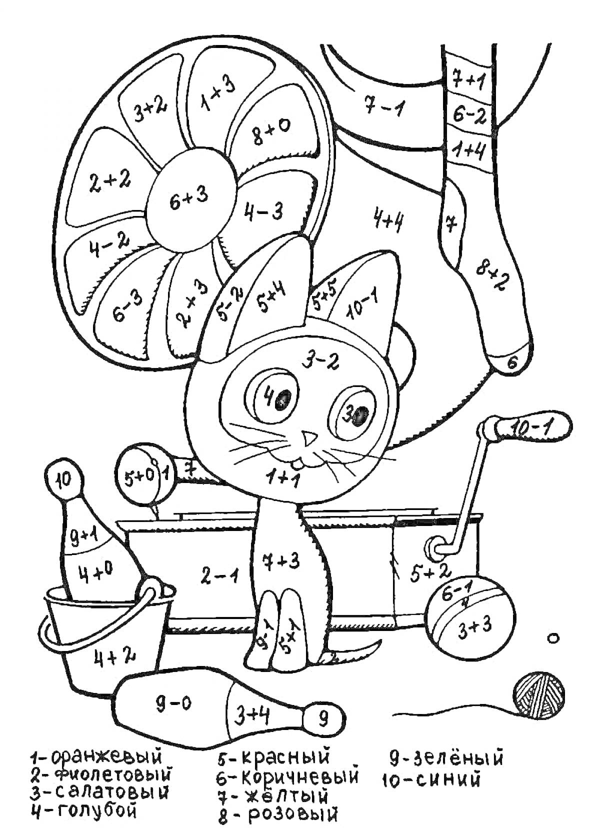 Раскраска кошка с мячом и велосипедной корзиной, задания по математике для второго класса