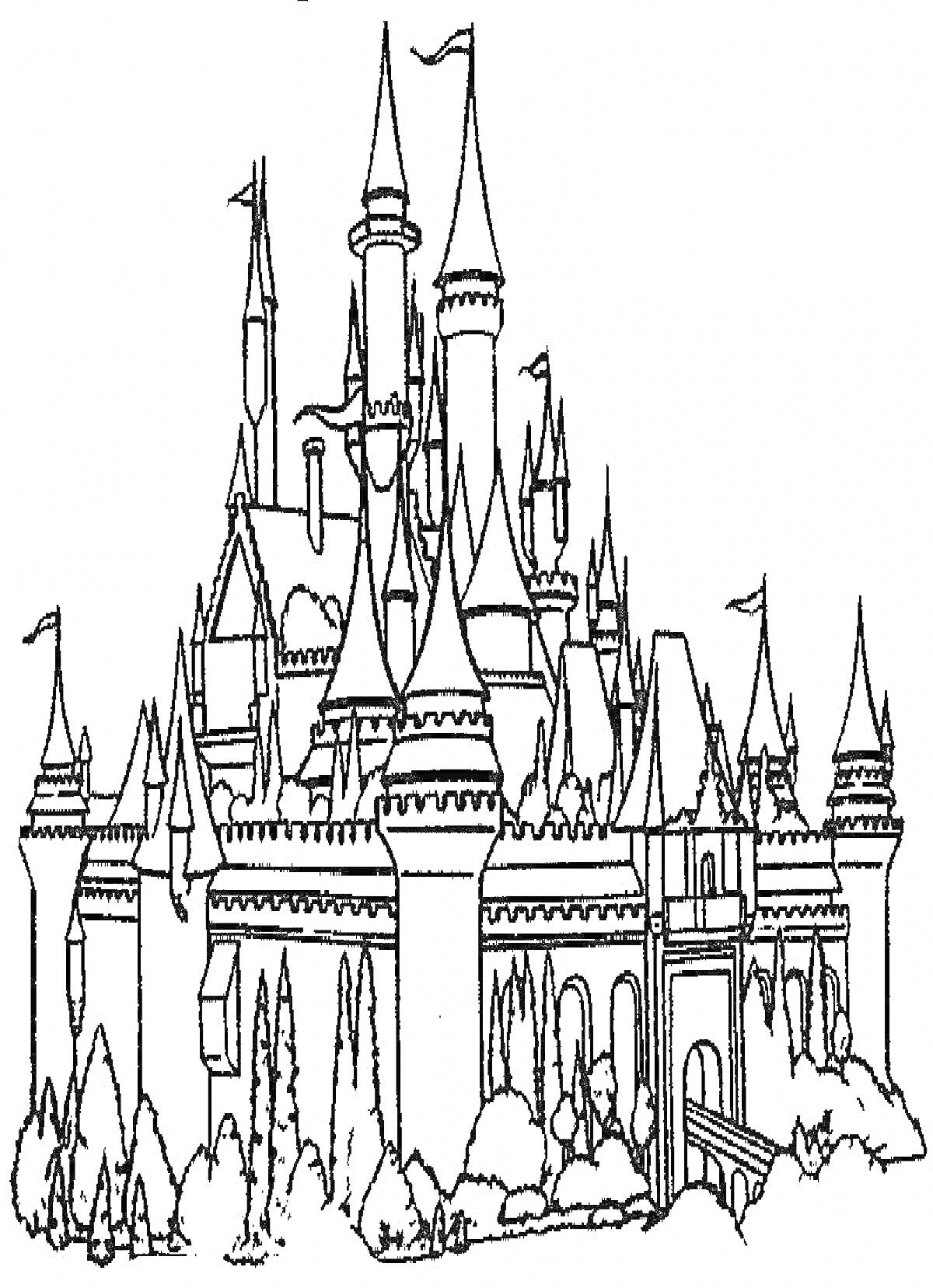 На раскраске изображено: Замок, Снежная королева, Башни, Ворота, Архитектура