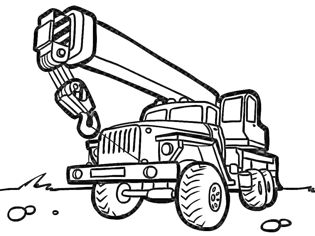 Раскраска Подъемный кран на грузовике с вытянутым подъемным рычагом и крюком, камни на дороге