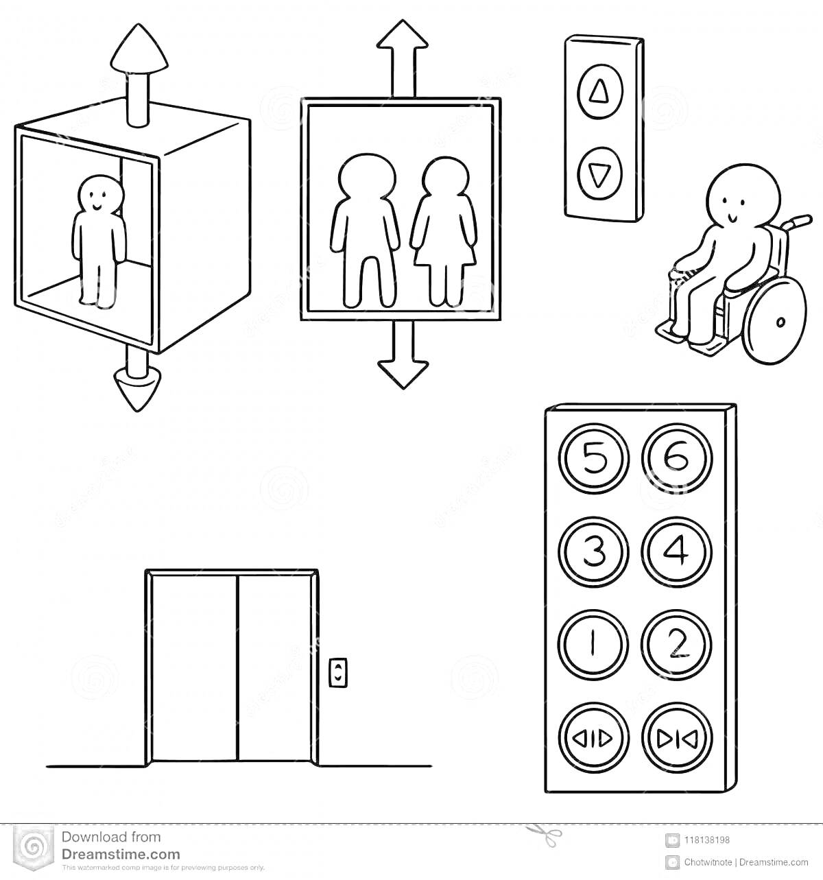 На раскраске изображено: Лифт, Кнопки, Подъём, Спуск, Инвалидная коляска, Панель управления