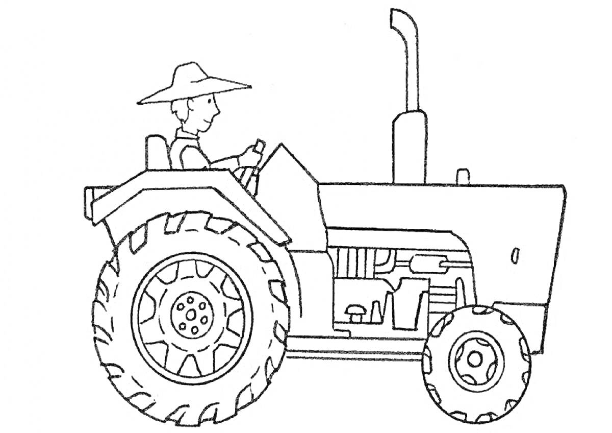 На раскраске изображено: Тракторист, Трактор, Поле, Сельское хозяйство, Фермер, Фермерская техника