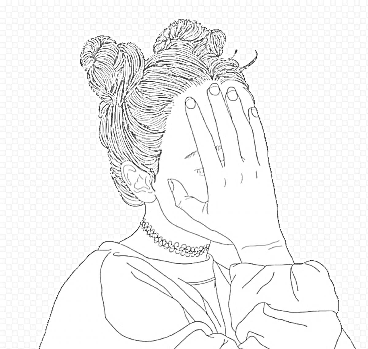 Раскраска Девушка с двумя пучками на голове, закрывающая лицо рукой, в свитере и чокере
