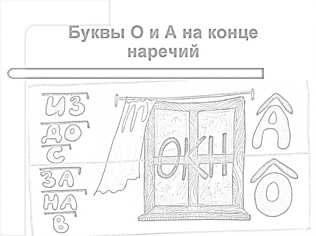 На раскраске изображено: Буквы, Конец, Наречия, Слова, ИЗ, До, ЗА, На